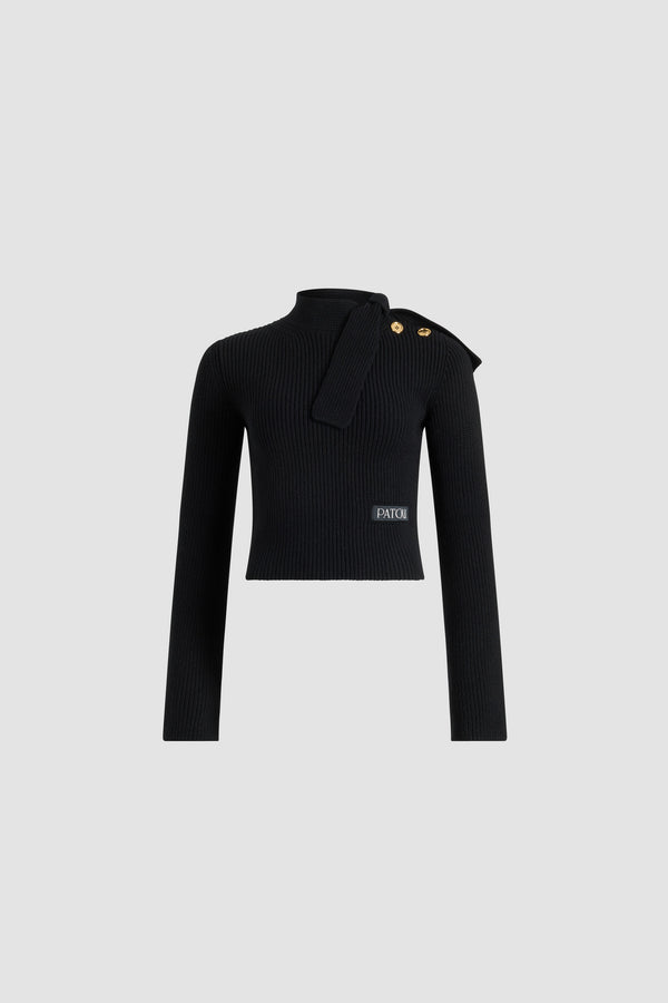 Patou - ウール＆カシミア スカーフカラー セーター - Black - ブラックのメリノウール＆カシミア製セーター。リブニット 。スカーフディテール付きのモックネック。ショルダーにゴールドトーンのJP刻印入りボタン。前面にパトゥロゴラベルを配置。