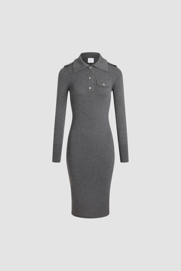 Patou - Vestito midi a costine in lana - Mercury - Vestito in lana merino grigio mercurio. Maglia a costine. Lunghezza midi. Silhouette aderente. Colletto largo a polo. Bottoni a pressione argento incisi con monogramma JP. Mostrine sulle spalle. Finto taschino sul petto con pattina.