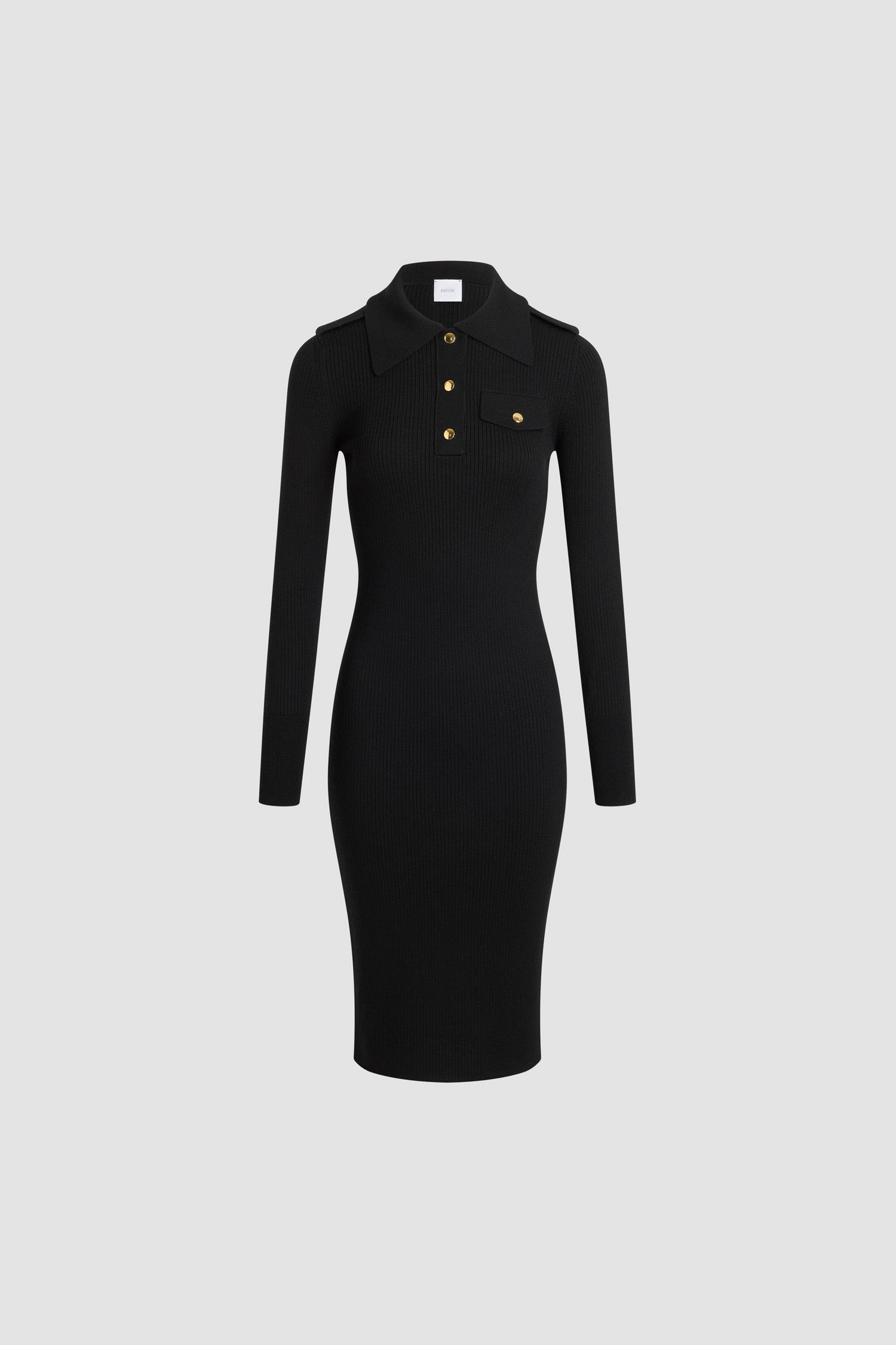Patou - Vestito midi a costine in lana - Black - Vestito in lana merino nera. Maglia a costine. Lunghezza midi. Silhouette aderente. Colletto largo a polo. Bottoni a pressione argento incisi con monogramma JP. Mostrine sulle spalle. Finto taschino sul petto con pattina.