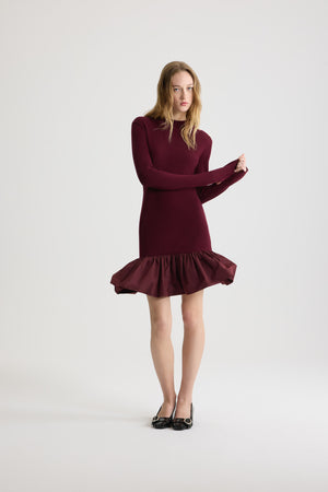 Ruffle hem ribbed mini dress in wool and faille