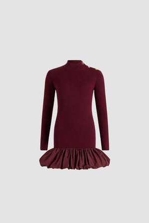 Ruffle hem ribbed mini dress in wool and faille