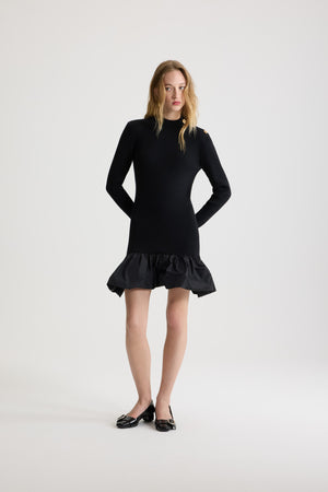 Ruffle hem ribbed mini dress in wool and faille