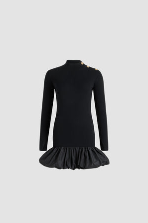 Ruffle hem ribbed mini dress in wool and faille