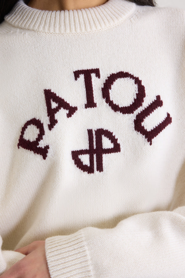 Patou - Maglione con logo Patou e monogramma JP intarsiati in lana e cashmere - White - Maglione in lana e cashmere bianco. Collo rotondo. Collo, polsini e fondo a costine. Logo Patou e monogramma JP intarsiati sul davanti.