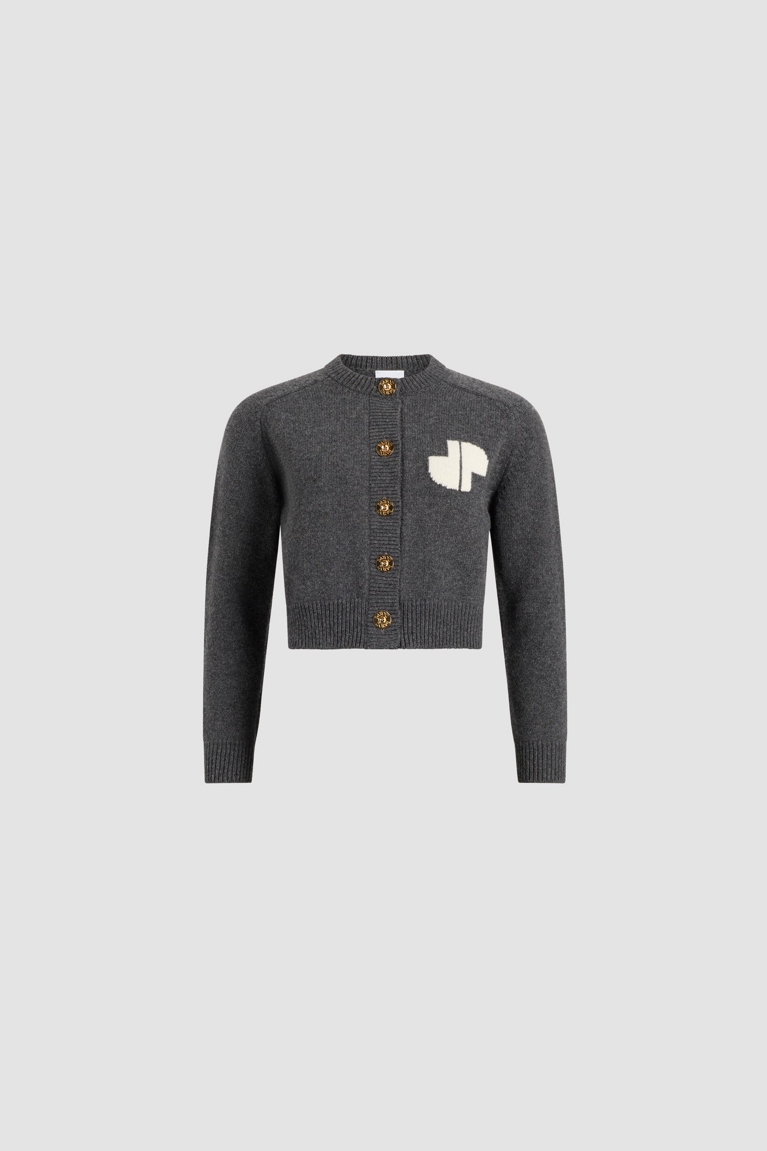 Patou - JP intarsia cardigan in wool and cashmere - Mercury - Mercury grey wool and cashmere cardigan. Round neck. Ribbed collar, cuffs and hem. Button front fastening with gold-tone Patou logo-engraved buttons. Intarsia Art Deco JP monogram at the chest.