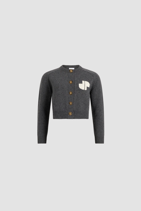Patou - JP intarsia cardigan in wool and cashmere - Mercury - Mercury grey wool and cashmere cardigan. Round neck. Ribbed collar, cuffs and hem. Button front fastening with gold-tone Patou logo-engraved buttons. Intarsia Art Deco JP monogram at the chest.