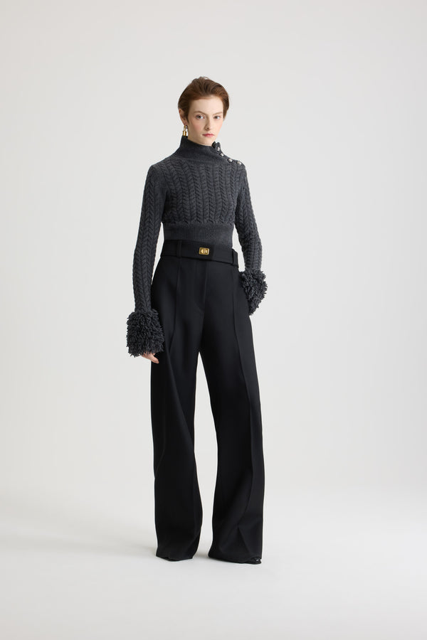 Patou - Fringe trim jumper in wool and cashmere - Mercury - Mercury grey Merino wool and cashmere jumper. Cable stitch. Mock neck with silver tone half-sphere JP buttons on the shoulder. Ribbed collar and hem. Fur-effect fringe embellishment at the cuffs.