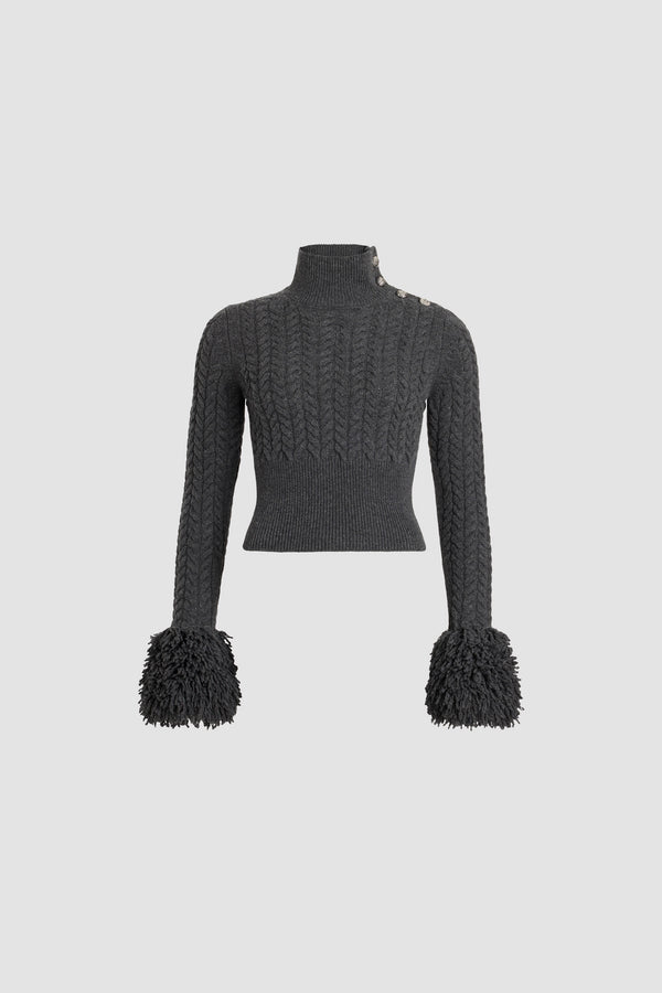 Patou - Fringe trim jumper in wool and cashmere - Mercury - Mercury grey Merino wool and cashmere jumper. Cable stitch. Mock neck with silver tone half-sphere JP buttons on the shoulder. Ribbed collar and hem. Fur-effect fringe embellishment at the cuffs.