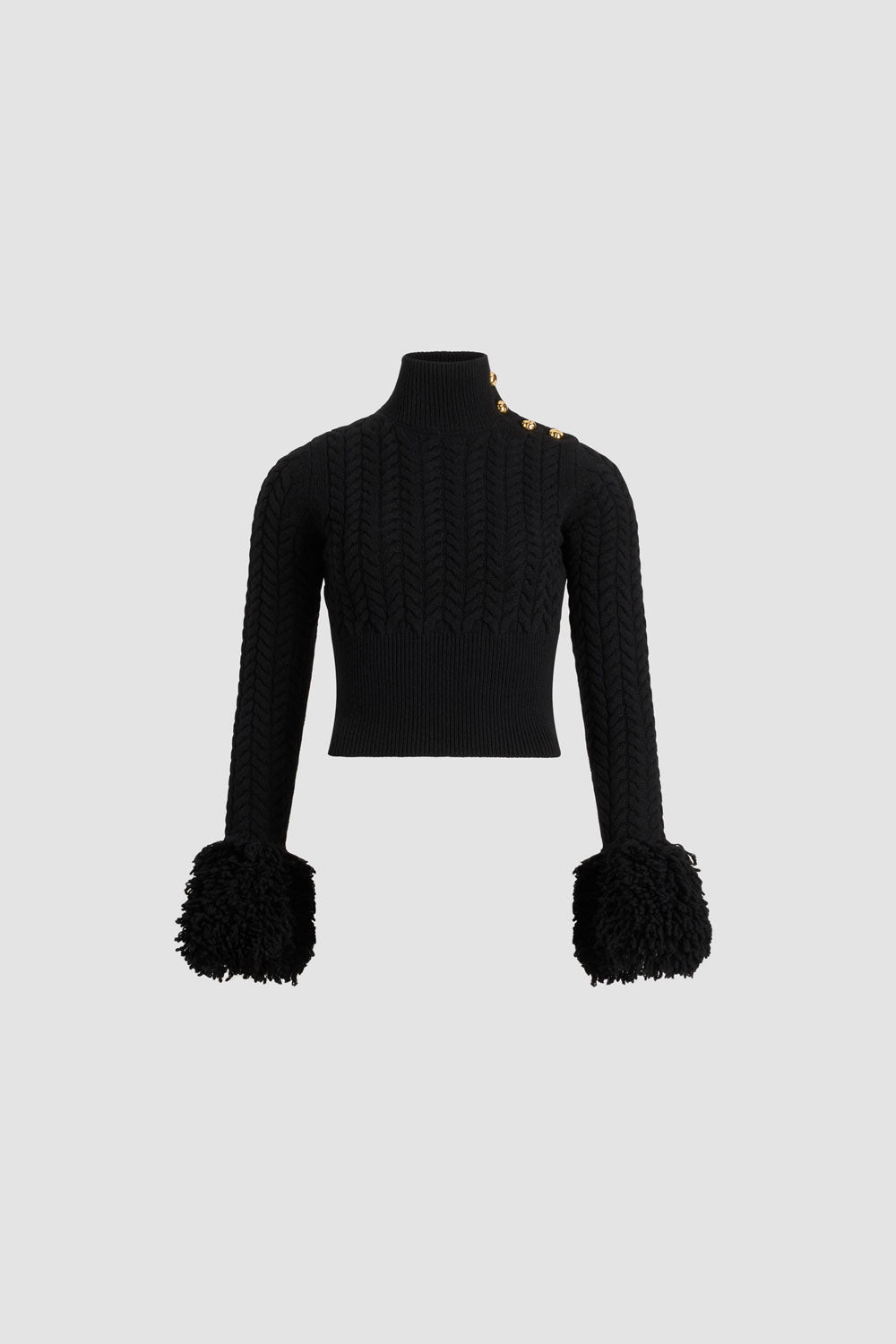 Patou - Fringe trim jumper in wool and cashmere - Black - Black Merino wool and cashmere jumper. Cable stitch. Mock neck with silver tone half-sphere JP buttons on the shoulder. Ribbed collar and hem. Fur-effect fringe embellishment at the cuffs.