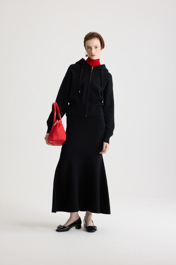 Patou - Zip-up hoodie in wool and cashmere - Black - Black Merino wool and cashmere hoodie. Hooded collar with drawstring; gold-tone Patou logo-engraved tips. Gold-tone zip at the front. Embroidered Patou logo and JP monogram at the chest. Ribbed cuffs and hem.