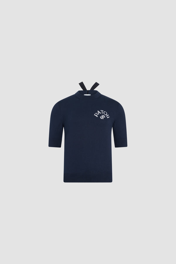 Patou - Pull manches courtes en coton mélangé - Deep Sea Blue - Pull manches courtes bleu marine. Col rond. Logo Patou.