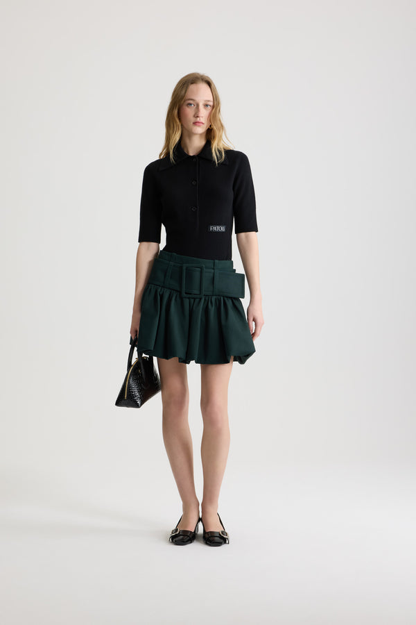 Patou - Polo top in wool and cashmere - Black - Black Merino wool and cashmere top. Fitted silhouette. Wide polo shirt collar. Mid-length sleeves. Patou logo label at the front. Ribbed cuffs and hem.