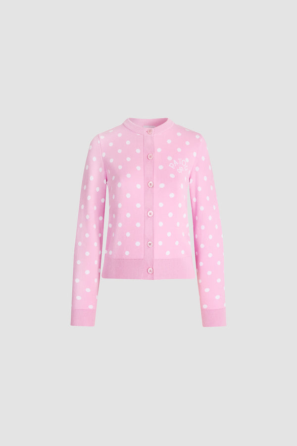 Patou - 친환경 코튼 혼방 폴카 도트 카디건 - Candy Pink Polka Dots - 핑크와 화이트 폴카 도트 카디건. 라운드 넥. 버튼 잠금.