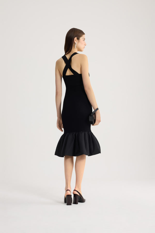 Patou - Abito lungo in misto cotone eco-responsabile con dettagli in faille riciclata - Black - Abito lungo in misto cotone eco-responsabile nero con dettagli voluminosi in faille riciclata. Spalline incrociate.
