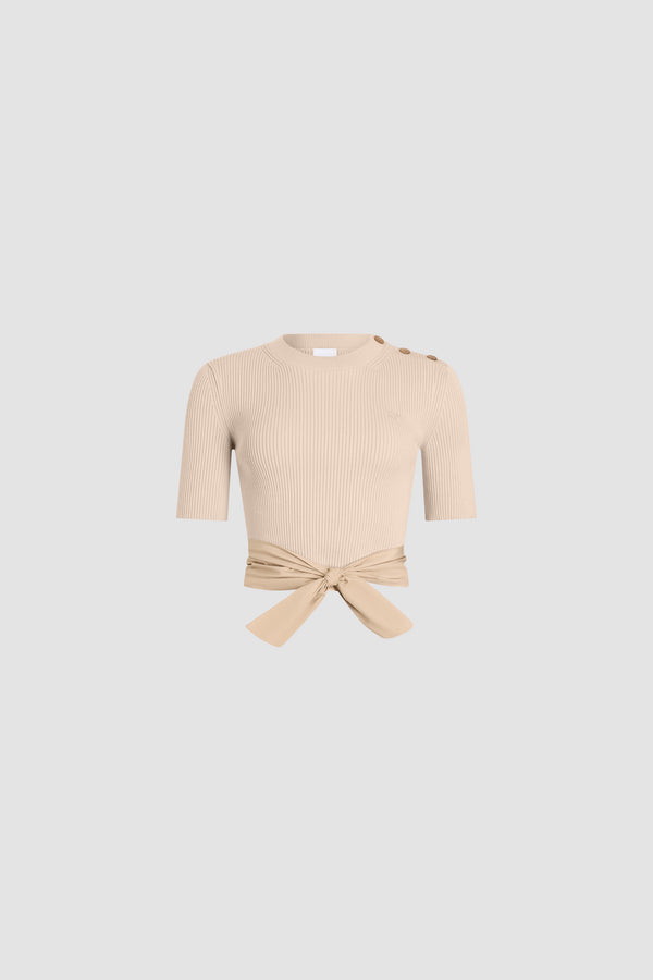 Patou - Eco-Friendly Cotton Blend T-shirt with Recycled Faille Tie Detail - Dune - Sand-colored eco-friendly blended cotton T-shirt with recycled faille tie detail. Short sleeves.