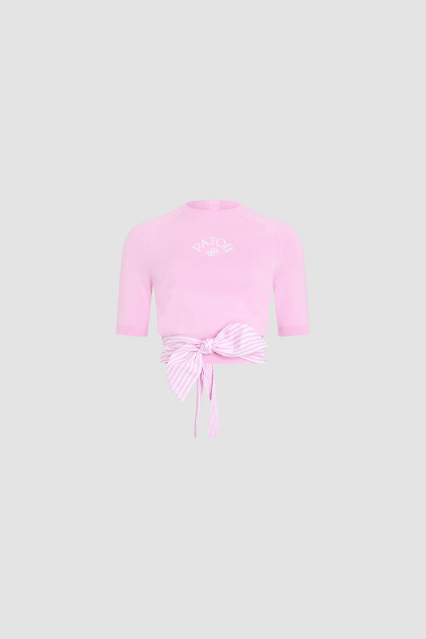 Patou - Cotton Poplin Knotted T-Shirt - Bougainvillea Pink - Pink t-shirt. Cotton material. Poplin knot at the waist.