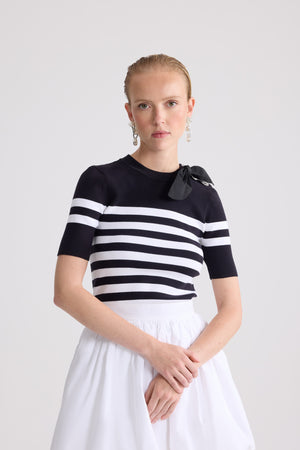 T-Shirt a Maglia a Righe in Misto Cotone