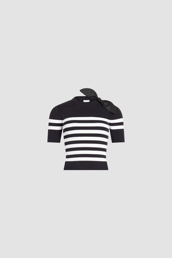 Patou - Gestreiftes Strick-T-Shirt aus Baumwollmischung - Offshore Stripes - Marineblau-weiß gestreiftes T-Shirt. Material aus Baumwollmischung. Kurze Ärmel. Rundhalsausschnitt.