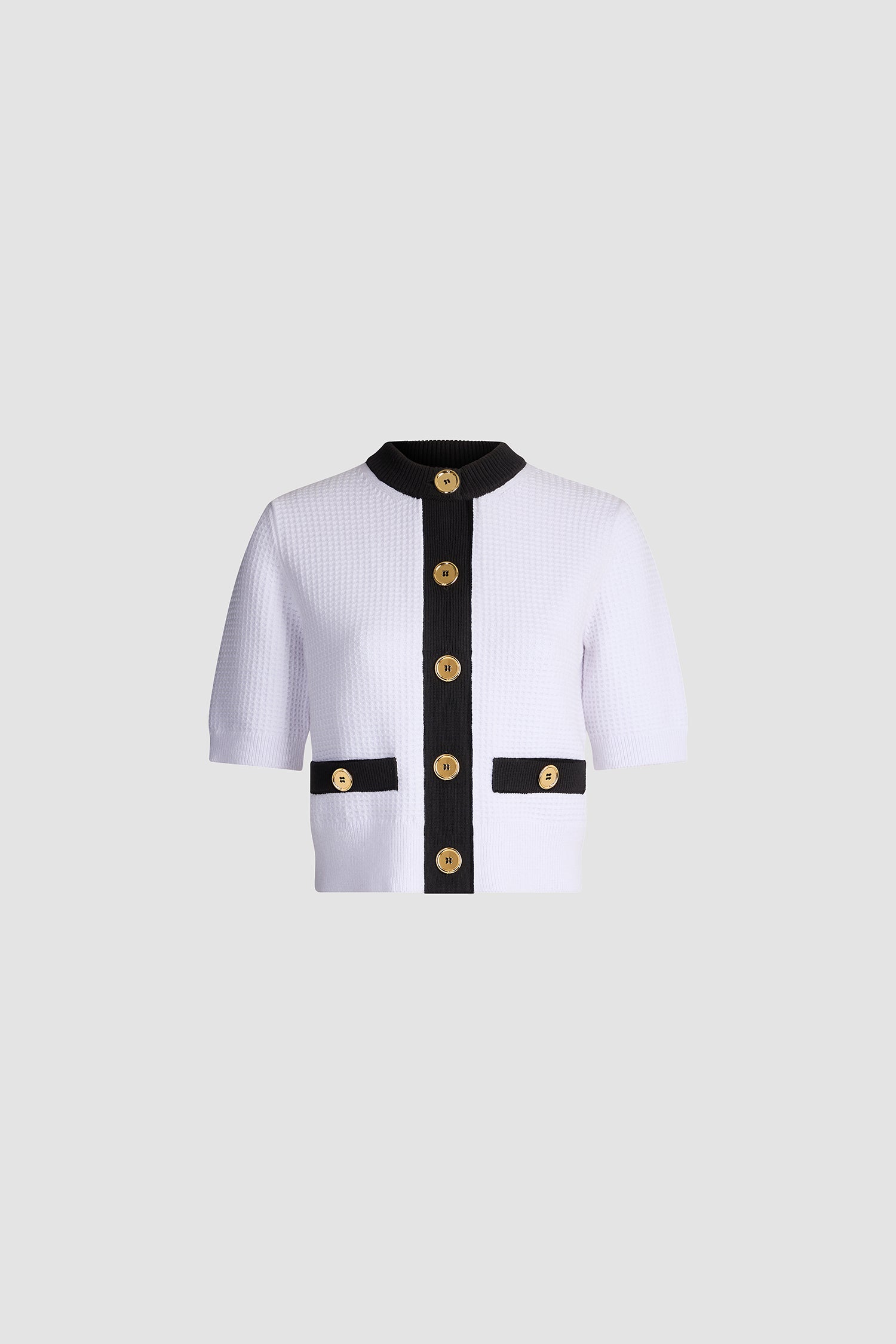 Patou - Eco-Friendly Cotton Blend Collarless Textured Cardigan - White - White collarless textured cardigan. Short sleeves. Round neck. Contrasting borders. Button closure.