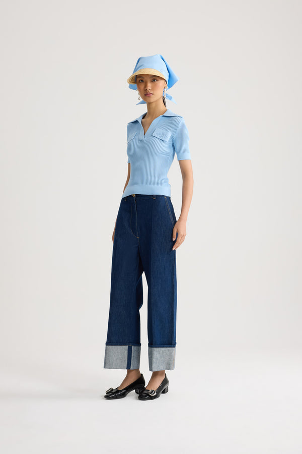 Patou - Embroidered Cotton Polo Shirt - Riviera Blue - Sky blue embroidered polo shirt. Collar. Short sleeves. Tonal embroidery.