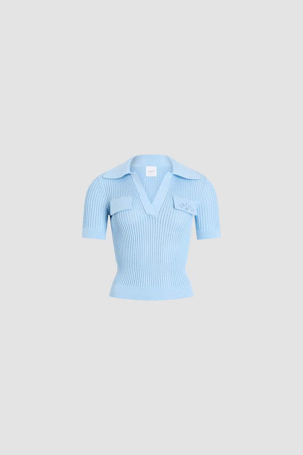 Patou - Embroidered Cotton Polo Shirt - Riviera Blue - Sky blue embroidered polo shirt. Collar. Short sleeves. Tonal embroidery.
