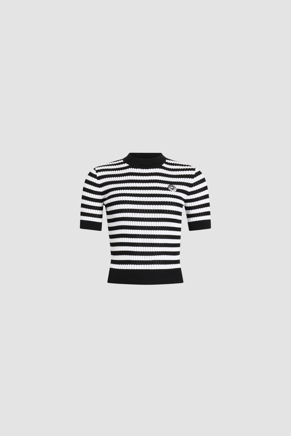 Patou - Maglione a coste a righe in cotone - Black White Stripes - Maglione a coste a righe bianco e nero. Colletto. Maniche corte.