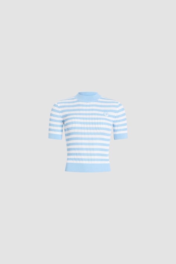 Patou - Pull côtelé rayé en coton - Riviera Blue Stripes - Pull côtelé rayé bleu ciel et blanc. Col. Manches courtes.