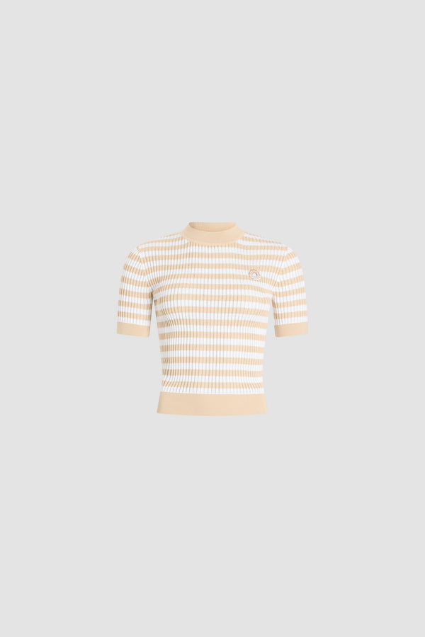 Patou - Pull côtelé rayé en coton - Safari Sand Stripes - Pull côtelé rayé couleur sable et blanc. Col. Manches courtes.