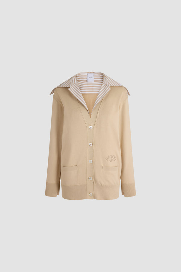 Patou - Poplin Collar Cardigan in Cotton - Safari Sand - Cotton cardigan in safari sand. Features a contrasting striped poplin collar. Button closure on the front. Two patch pockets. Long sleeves. Straight fit.