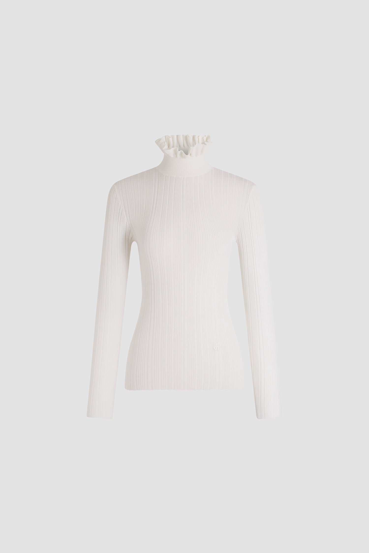 Patou - Frilled high-neck sweater in merino wool - White - White sweater in merino wool. Fine rib knit. Frilled high neck. Long sleeves. Close fit.