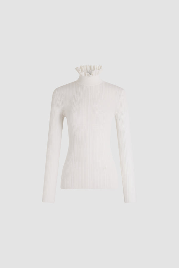 Patou - Pullover mit Stehkragen und Volant aus Merinowolle - White - Weißer Pullover aus Merinowolle. Feine Rippstrickstruktur. Stehkragen mit Volant. Lange Ärmel. Körpernahe Passform.