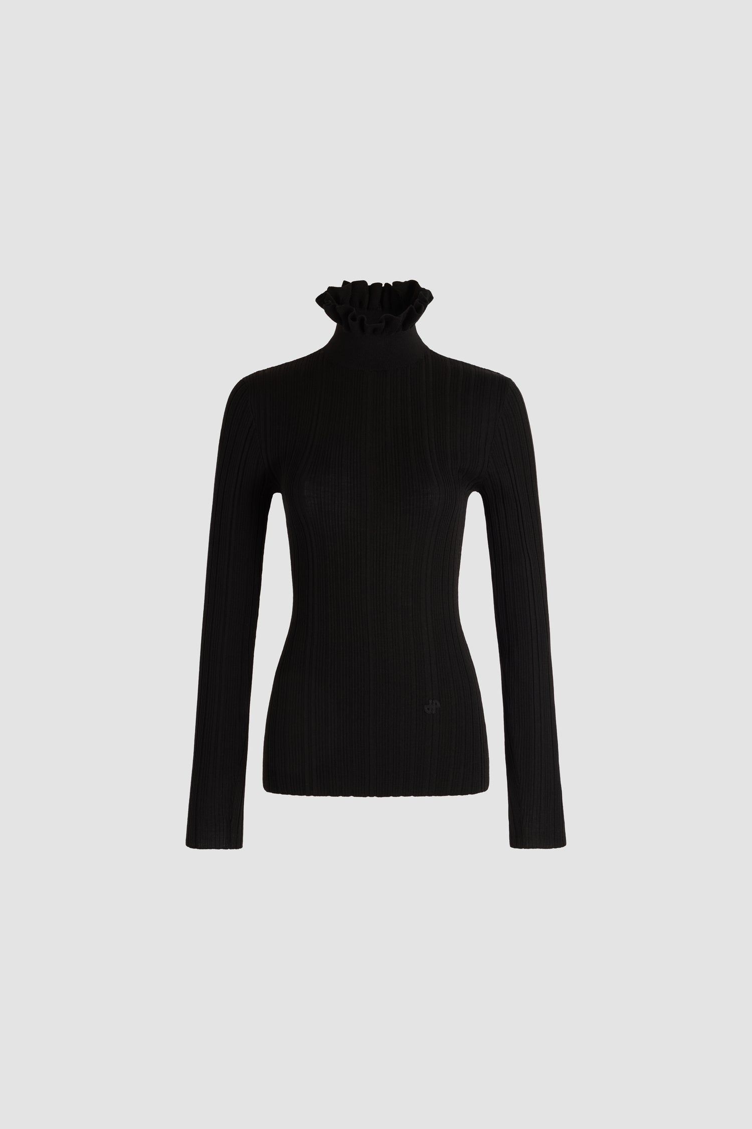 Patou - Frilled high-neck sweater in merino wool - Black - Black sweater in merino wool. Fine rib knit. Frilled high neck. Long sleeves. Close fit.