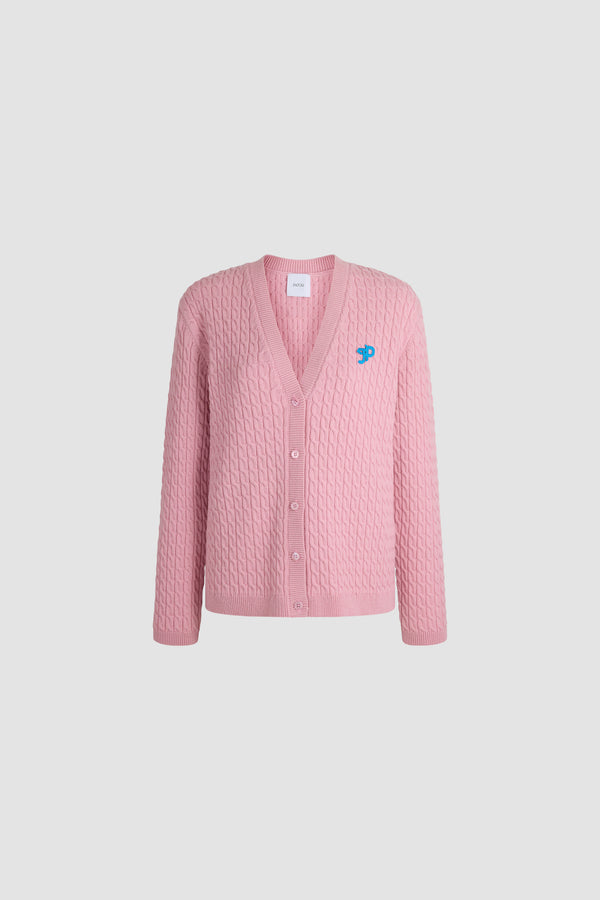Patou - Cable-knit cardigan in wool and cashmere - Heather Pink - Pink cardigan in wool and cashmere. Cable knit. Long sleeves. Button fastening. V-neckline. Contrasting JP monogram on the chest.