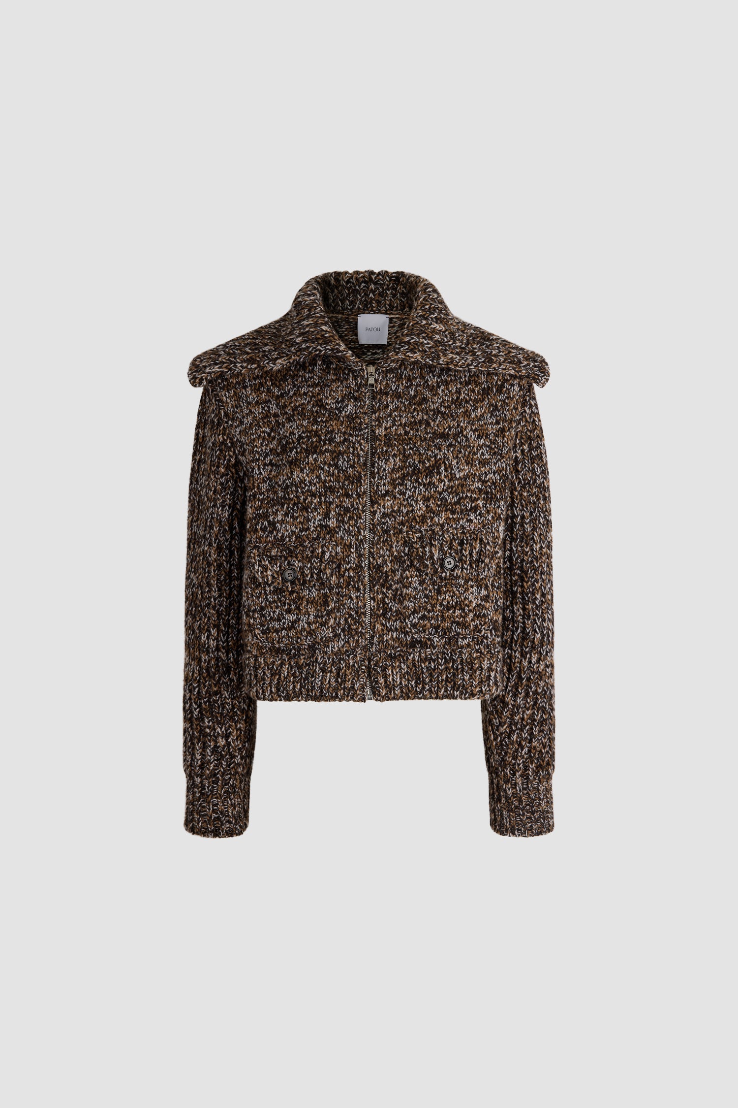 Patou - Blouson zippé en laine et cachemire - Frozen Wood - Blouson marron chiné en laine et cachemire. Fermeture zippée. Col large. Maille côtelée.