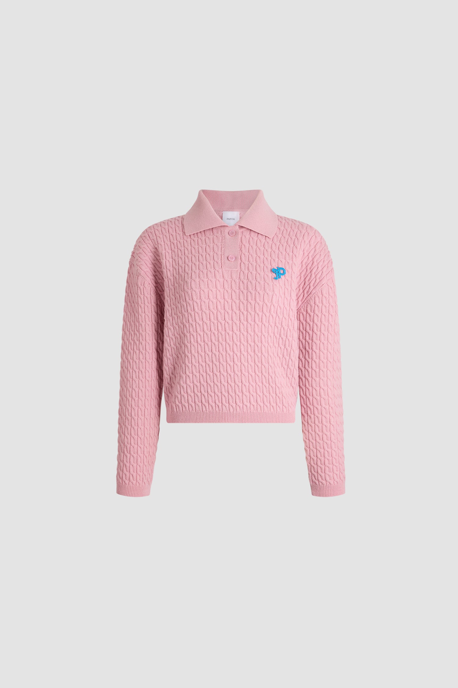 Patou - Polo a maniche lunghe intrecciato in lana e cashmere - Heather Pink - Polo rosa a maniche lunghe in lana e cashmere. Maglia a trecce testurizzata. Classico colletto polo con bottoni. Monogramma JP blu ricamato sul petto. Finiture a coste.