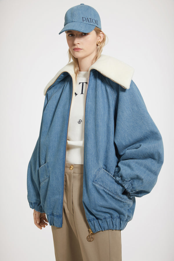 Patou - Oversized jacket in organic cotton denim and faux shearling