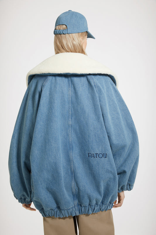 Oversized jacket in organic cotton denim and faux shearling