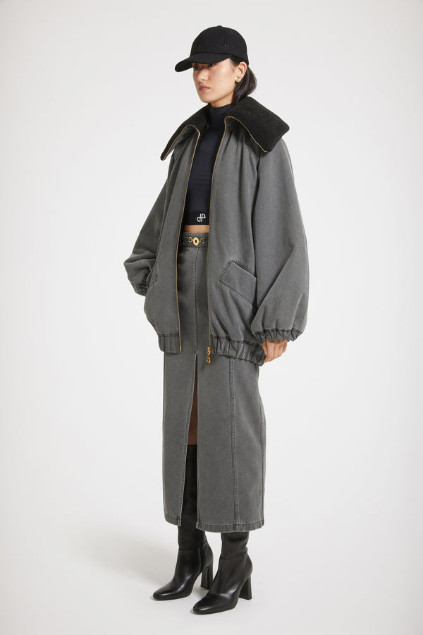 Patou - Oversized jacket in organic cotton denim and faux shearling