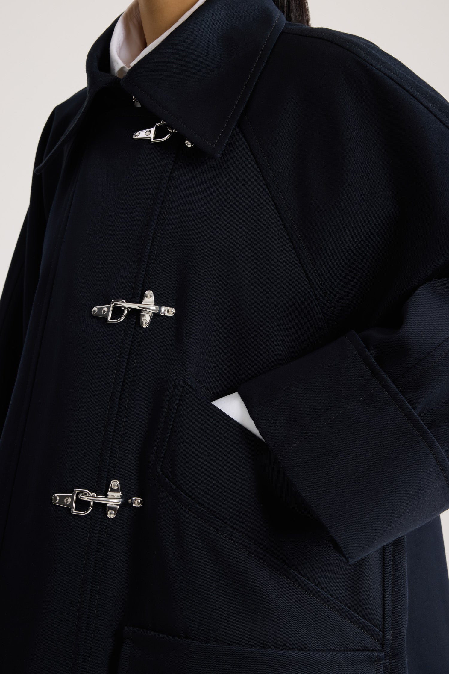 Patou - Organic Cotton Oversized Parka - Night Blue - Navy blue oversized parka. Silver frog fasteners. Classic collar.