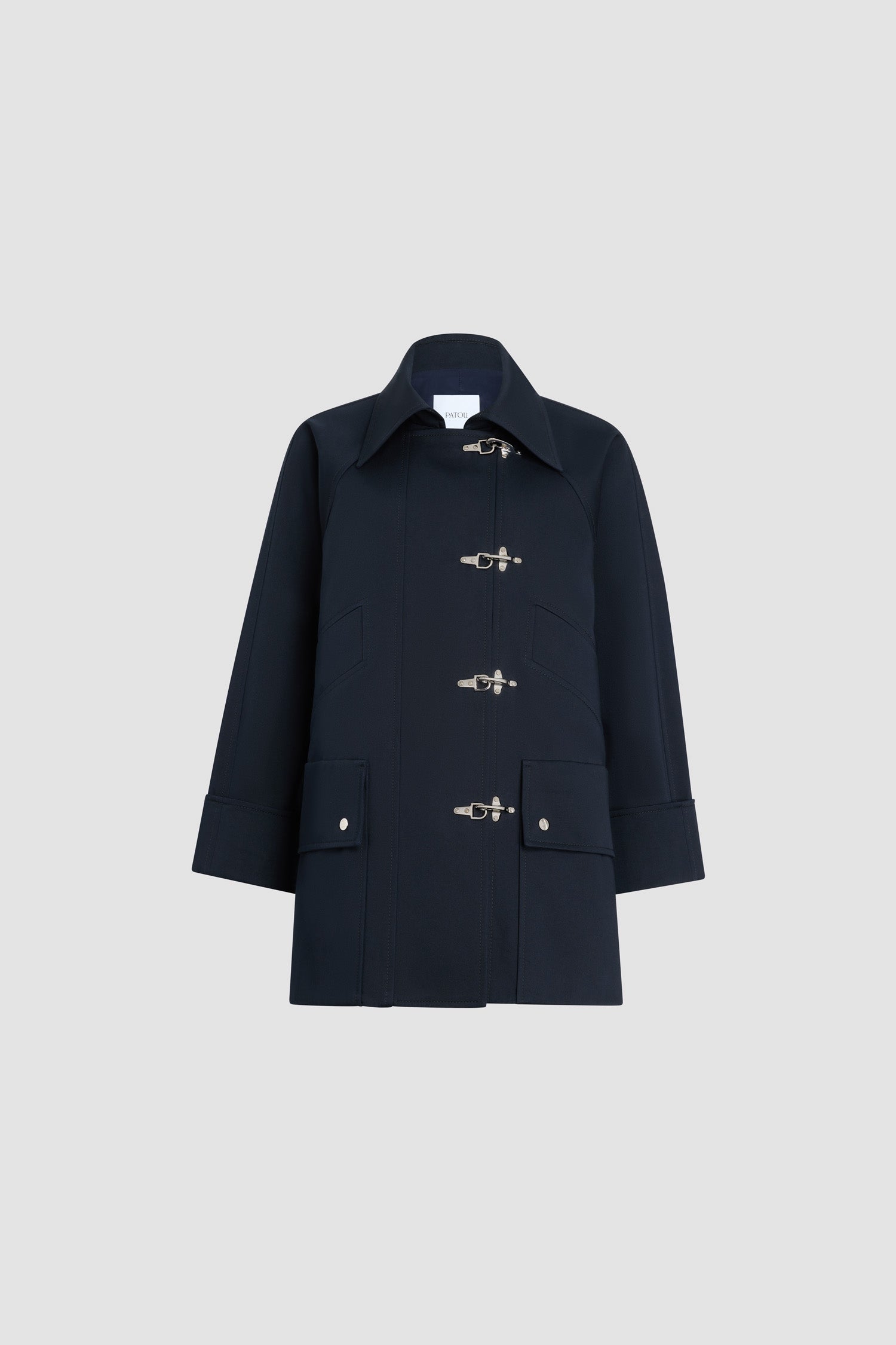 Patou - Organic Cotton Oversized Parka - Night Blue - Navy blue oversized parka. Silver frog fasteners. Classic collar.