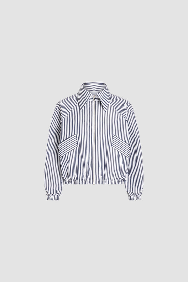 Patou - Giacca con zip a righe in faille riciclata - Offshore Stripes - Giacca con zip a righe blu e bianche. Collo alto. Chiusura con cerniera.