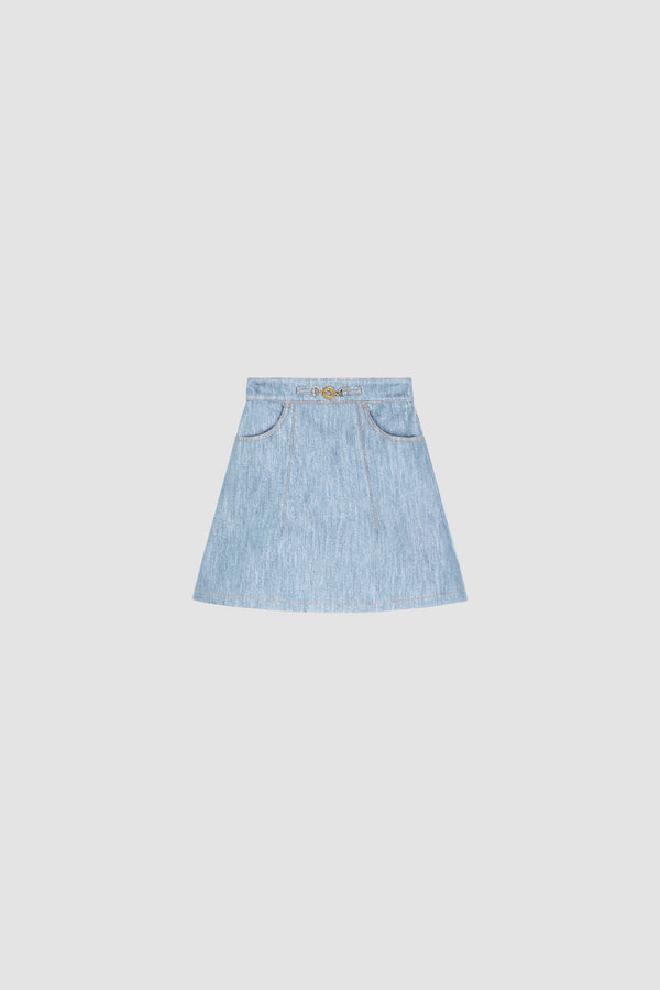 Patou - Mini-Trapezrock aus Baumwollmischung - Riviera Sky Blue - Hellblauer Denim-Mini-Trapezrock. Knopfverschluss vorne.