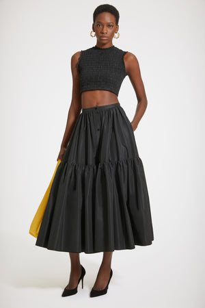 Buttoned tiered midi skirt in eco-friendly faille