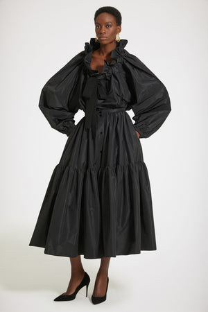 Buttoned tiered midi skirt in eco-friendly faille