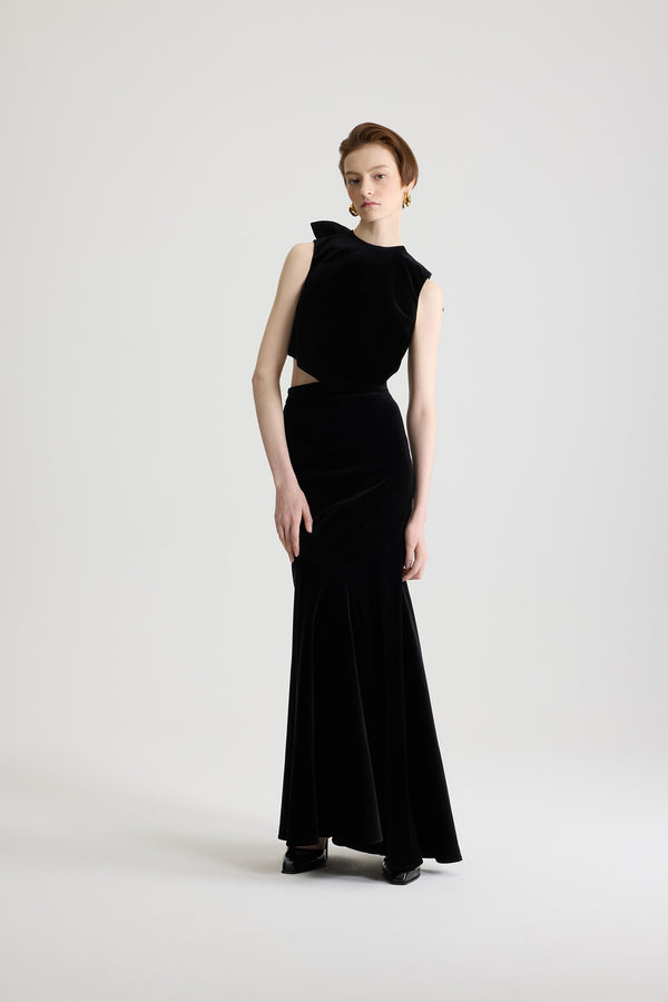 Patou - Peplum midi skirt in blended organic cotton - Black - Black midi skirt in blended organic cotton velvet. Fitted and flared silhouette with a ruffled hem.This piece is from the &quot;Evening&quot; Capsule, designed by Guillaume Henry: to immortalize special occasions with style and refinement.