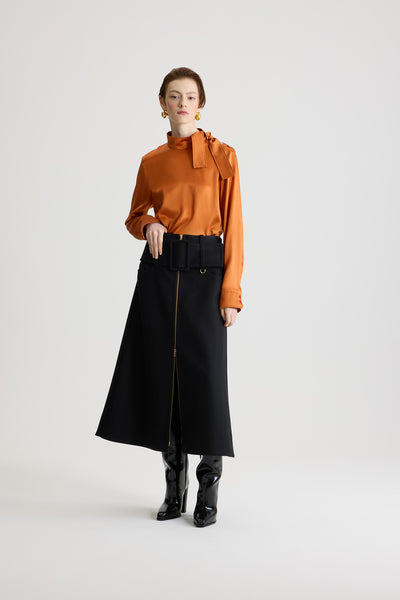 スカート PATOU Women Skirts SK0640074 999B BLACK Patou | Pleated midi skirt in technical wool twill