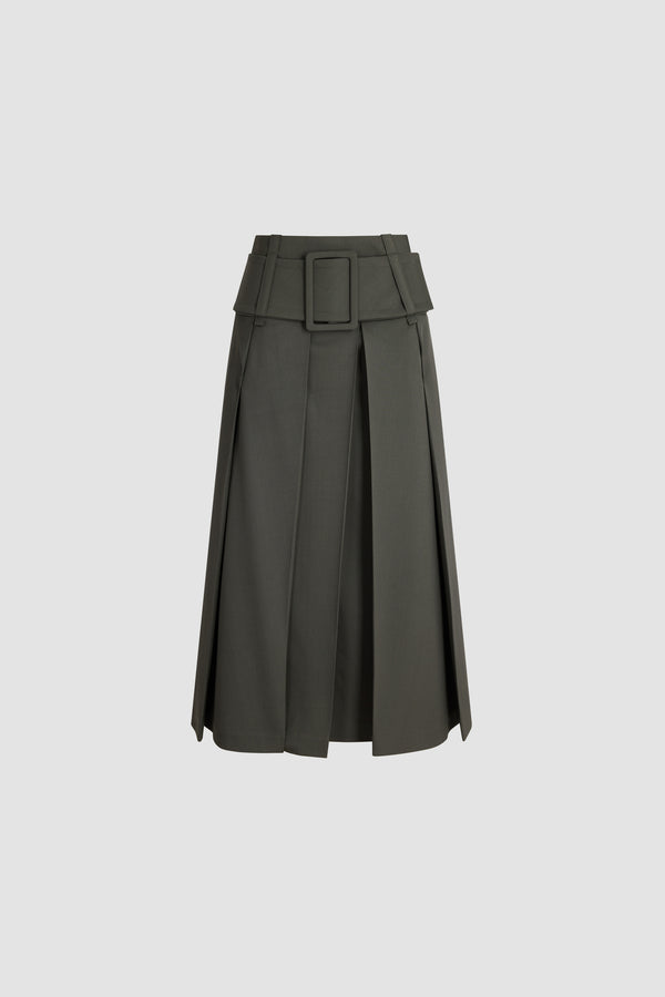 Patou - Pleated midi skirt with belt in responsible wool - Ivy Green - Green midi skirt in responsible wool. High waist. Waist belt. Defined pleats. Flared volume.