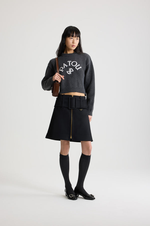 Patou - Zip front belted mini skirt in wool - Black - Black wool skirt. Short length. Low waist. Gold-tone two-way zip fastening at the front. Wide fabric belt at the hips with fabric-covered buckle and gold-tone D-ring. Low pockets at the front. Lined.