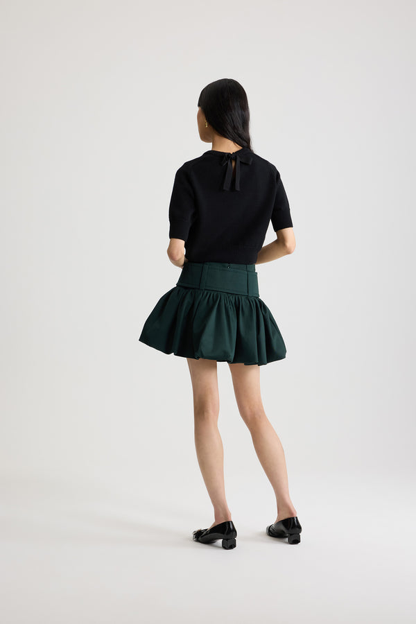 Patou - Belted bubble mini skirt in organic cotton gabardine - Garden Green - Garden Green organic cotton gabardine skirt. Short length. Low waist. High volume silhouette that can be puffed out. Wide fabric belt with fabric-covered buckle. Zip fastening at the back.