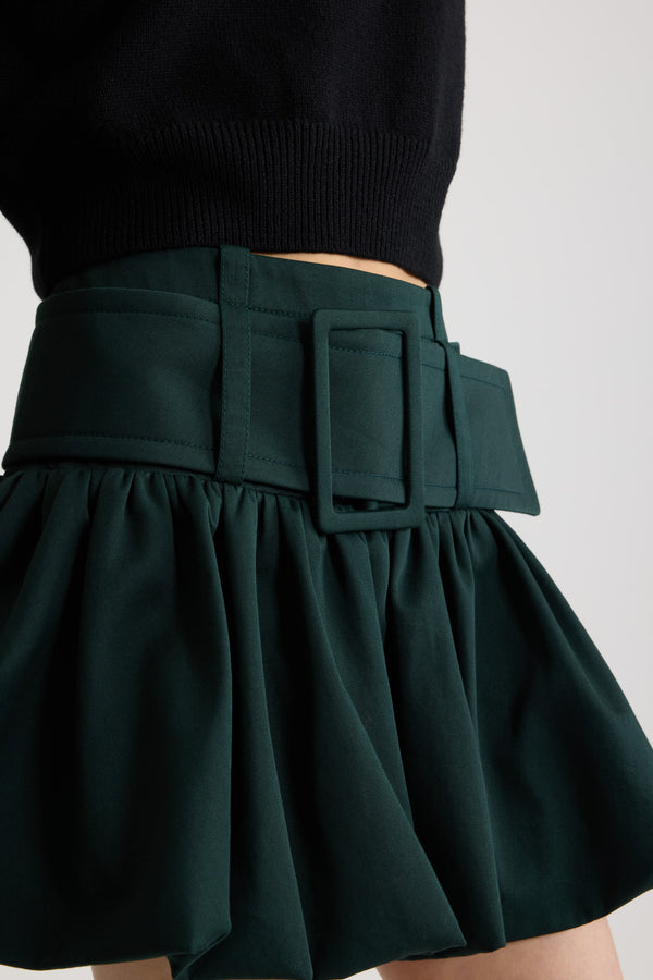 Patou - Belted bubble mini skirt in organic cotton gabardine - Garden Green - Garden Green organic cotton gabardine skirt. Short length. Low waist. High volume silhouette that can be puffed out. Wide fabric belt with fabric-covered buckle. Zip fastening at the back.